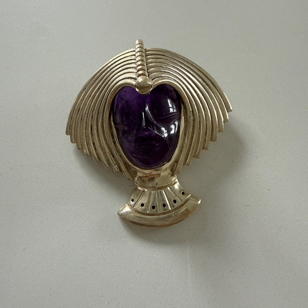 Sterling silver amethyst carved face brooch